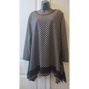 Ali Miles Top Womens 1X Black White Stretch Tunic 3/4 Sleeve Pocket Pullover